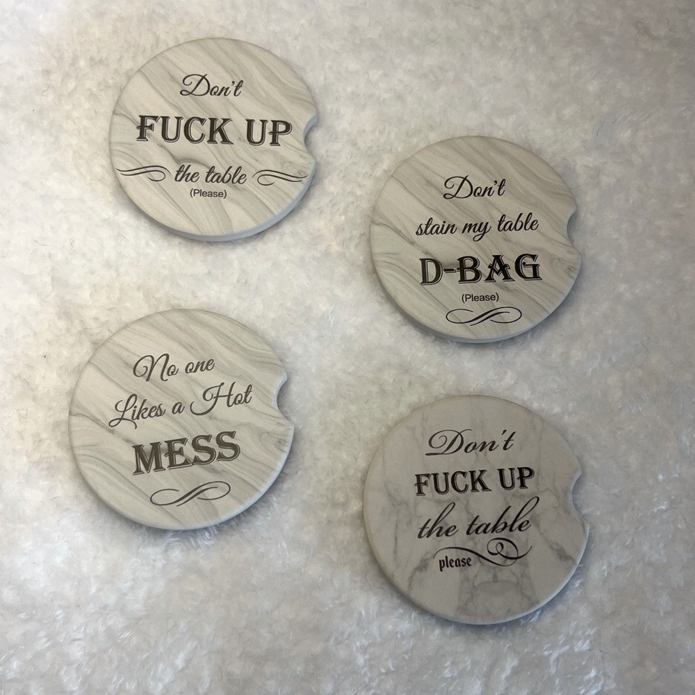 Drink Markers & Place Card Holders-Set of 4 Marble Discs w/ Sarcastic Quotes-New